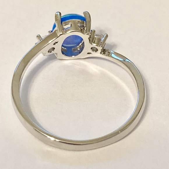 Opal Stone Ring Solitaire Silver Plated Simulated Blue Oval Cut Size 7 8 9 11 - Picture 6 of 11